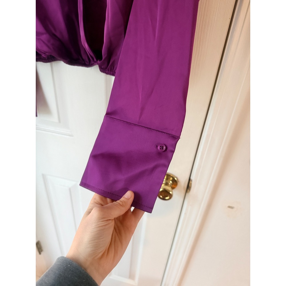Good American Purple Satin Wrap Blouse V-Neck Long Sleeve Top Size 3 Large - Picture 2 of 5
